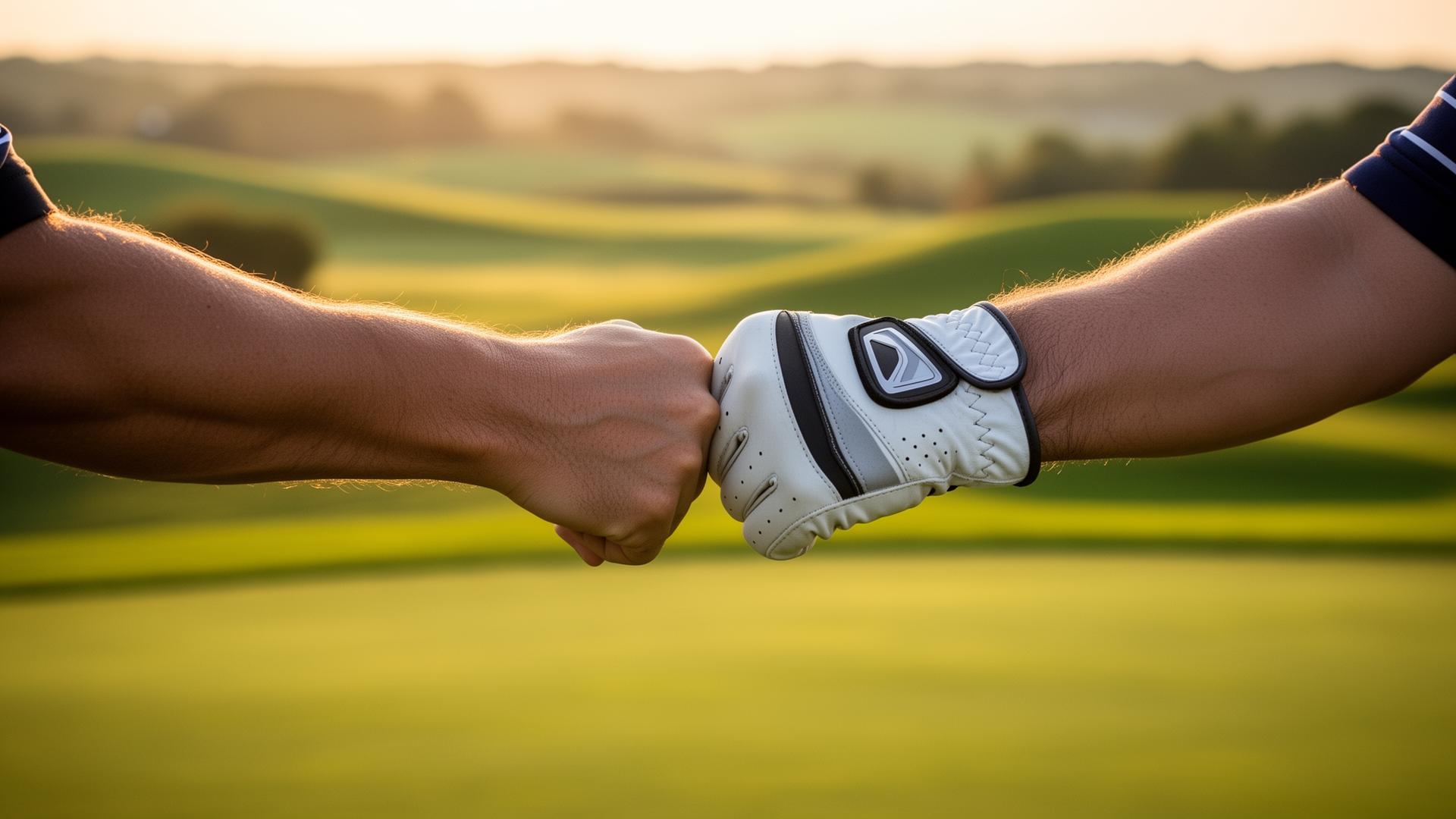 Two golfers sharing a fist bump on a beautiful golf course at golden hour