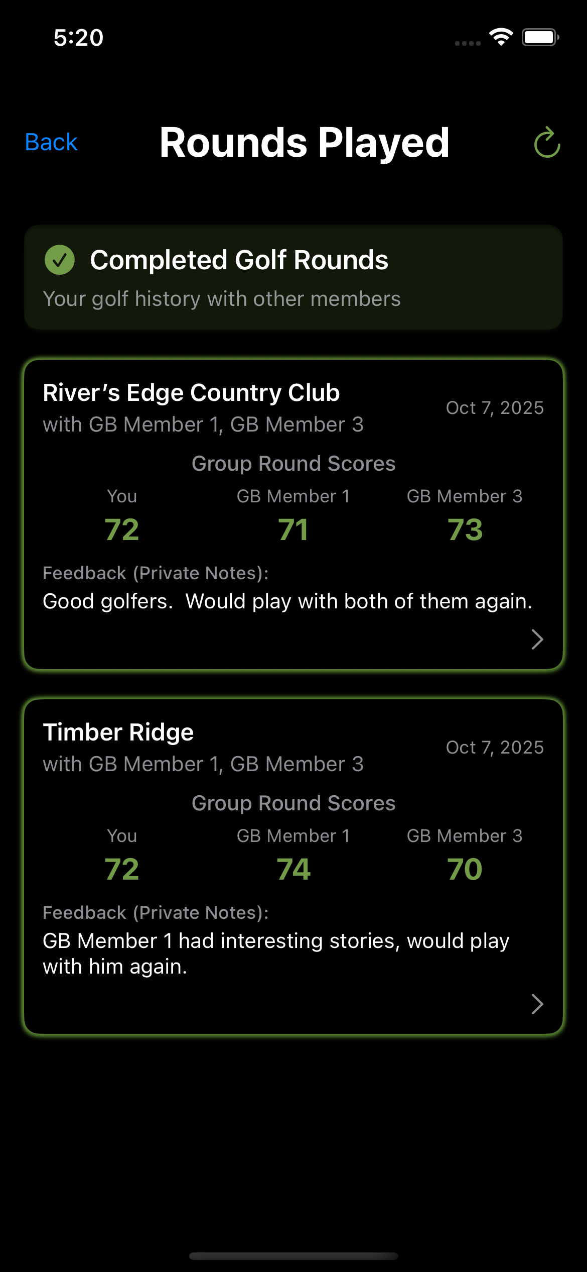 Golf Rounds Screen